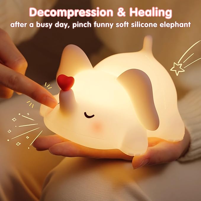 Sweet Heart Elephant Night Light, LED Squishy Novelty Animal Cute Lamp, Food Grade Silicone Nightlight, Dimmable Light Up Elephant Decor for Room College, Boys Girls White Elephant Gifts
