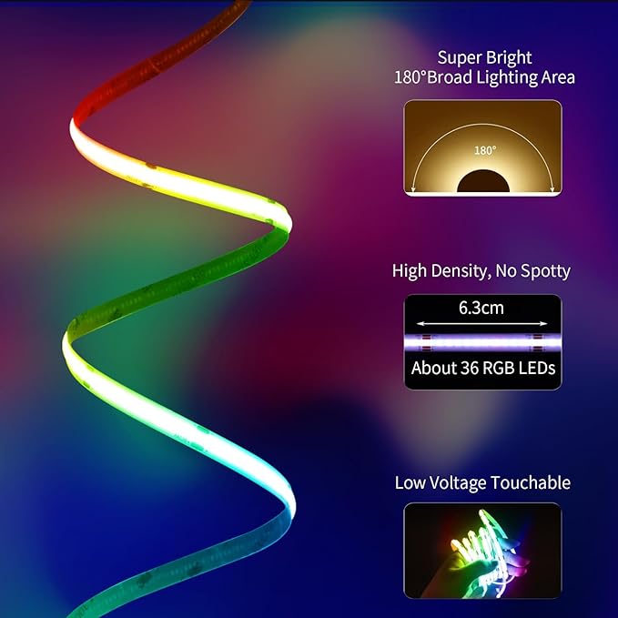 40ft COB RGB+IC LED Strip Lights, Bright Dream Color COB LED Light Strip with RF Remote App Control Music Sync Color Changing for Game Room Bedroom Kitchen Lighting Home Decor（2 Rolls）