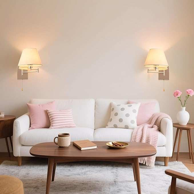 Swing Arm Wall Lamp Indoor Wall Sconce Lighting with White Fabric Shade Reading Wall Light Fixture with On/Off Switch for Living Room Doorway Study Room Bedroom Bedside