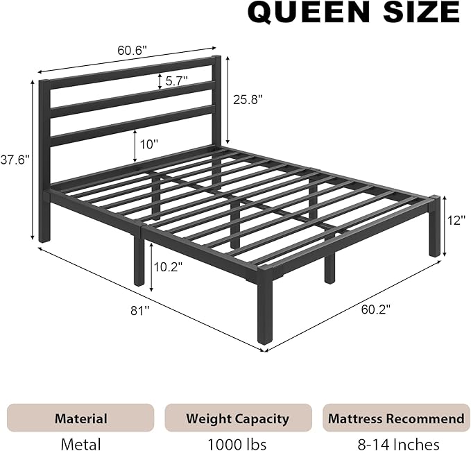 Queen Size Bed Frame, Metal Platform Bed Frame with Headboard and Footboard, Underbed Storage Space, No Box Spring Needed, Easy Assembly,Black