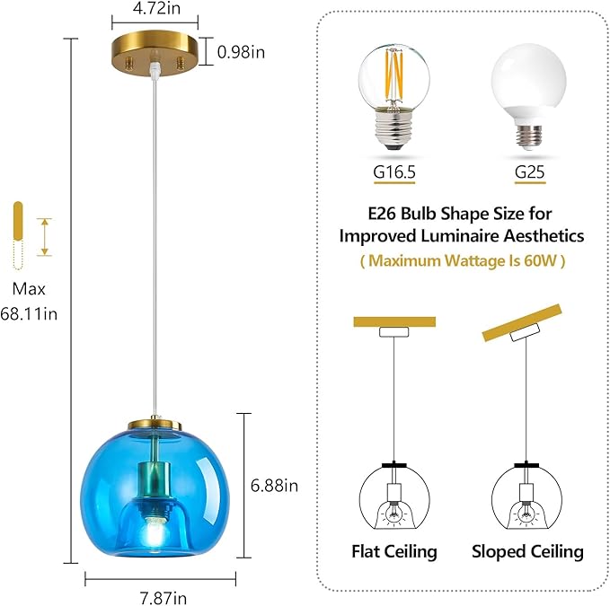 Blue Glass Pendant Lights Kitchen Island Gold Hanging Light Fixture Glass Globe Pendant Light Modern Pendant Lighting for Kitchen Island Bedroom Dining Room (7.87", 3 Pack)
