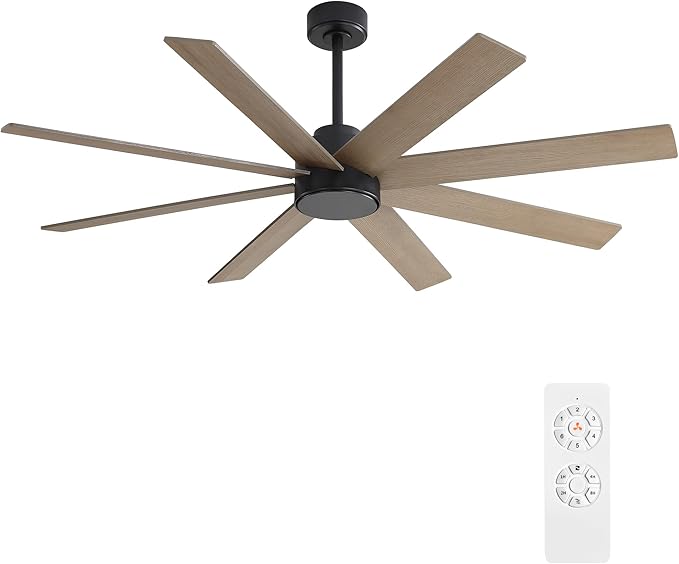 WINGBO 60" Large DC Ceiling Fans without Lights, 3 Downrods, 8 Plywood Blades, 6-Speeds Reversible DC Motor, Indoor Ceiling Fan No Lights for Bedroom Living Room Patio, Black and Gray