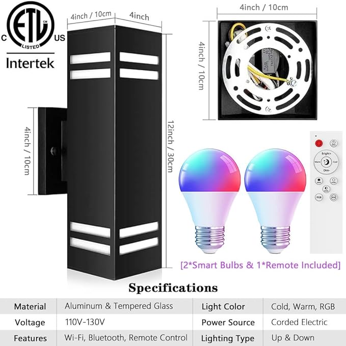 KIZON Smart Porch Lights Color Changing, Ambience RGB WiFi Outdoor Sconce Lights App Control Black Exterior Light Fixture for House Porch Patio, Compatible with Alexa Google Assistant, ETL Listed
