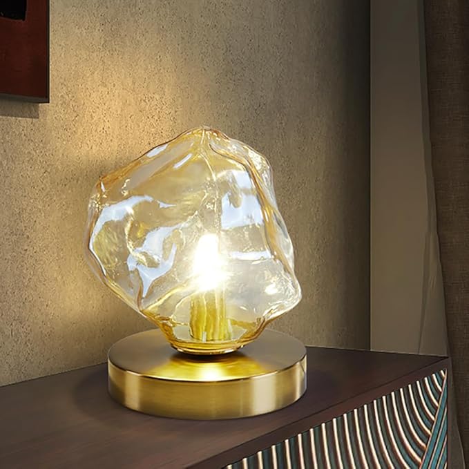 Meefad Modern Glass Table Lamp Ice Cubes Shaped Bedside Nightstand Lamp Small Decorative Night Light for Bedroom Living Room Amber Finish