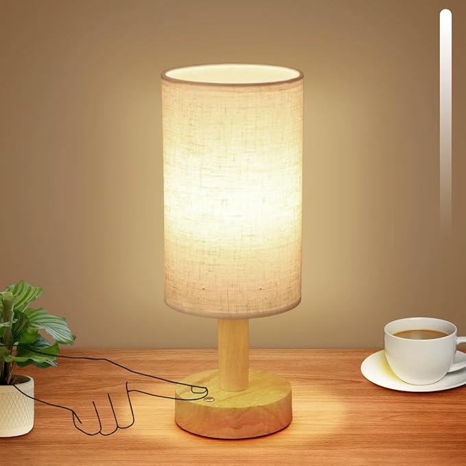 Rechargeable Cordless Touch Table Lamp with Stepless Dimming,Natural Wood Base&Linen Shade,Small Battery Wireless Ambient Night Light for Bedroom,Bedside,Nightstand,Nursery,Kitchen,Camping,Outdoor