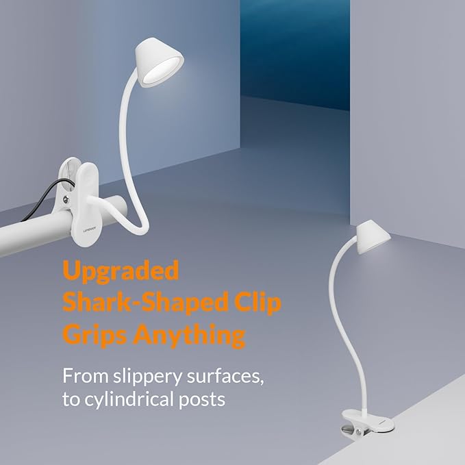 LEPOWER Clip on Light, Dimmable Book Light for Reading in Bed, 300LM Clip on Lamp, 5 Color Temperatures Clamp Light, Night Light Mode, Timer Setting, 2%-100% Brightness, for Bed, Headboard, White