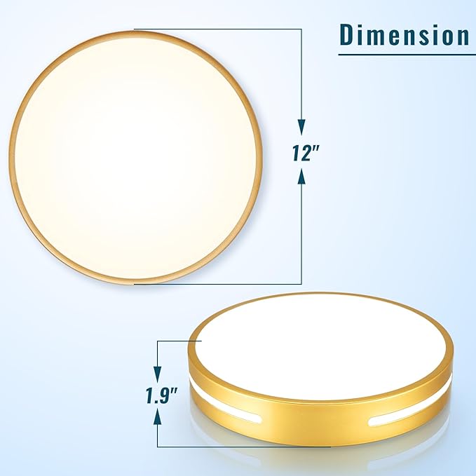 Gold LED Light Fixtures Ceiling Mount, Overhead Flush Mount Ceiling Light Interior 12 inch 24W, Close to Ceiling Light 5CCT for Bathroom, Bedroom, Hallway