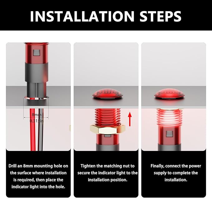 10PCS Small 12V LED Indicator Light, 8mm (5/16") IP67 Waterproof Low Power Pilot Lights Panel Mount for Car, Truck, Boat, Dash 12v 24v(10PCS Red LED)