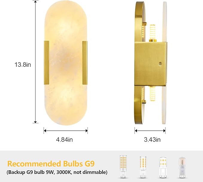 Brass Alabaster Wall Sconces Set of Two, Modern Natural Marble Wall Sconces for Indoor Lighting, 13.8 in Gold Wall Lights for Bathroom Dining Room Stairs Bedroom