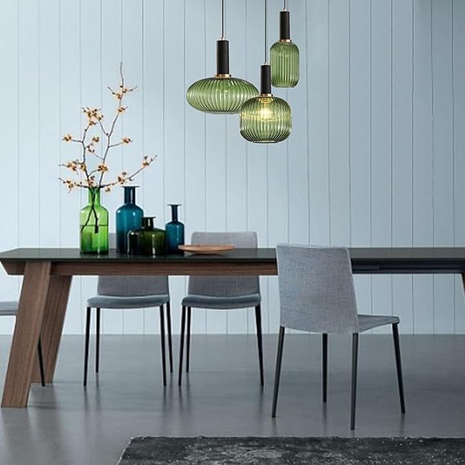 Pendant Light Black Lamp Holder and Glass Striped Light Shade Modern Pendant Lighting for Kitchen Island Farmhouse Hanging Lights Fixtures (Green, M)