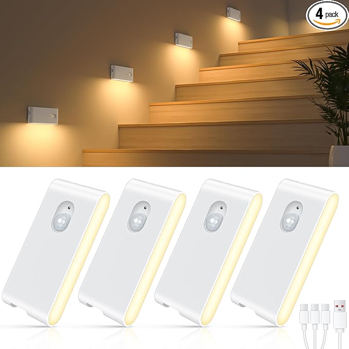 WILLED Stair Lights Indoor,Warm White Rechargeable Night Light,Wireless Motion Sensor Night Light,Battery Stick On Lights for Stairway,Hallway,Kitchen,Closet,Cabinet,Bedroom,Kids' Room(4-Pack)
