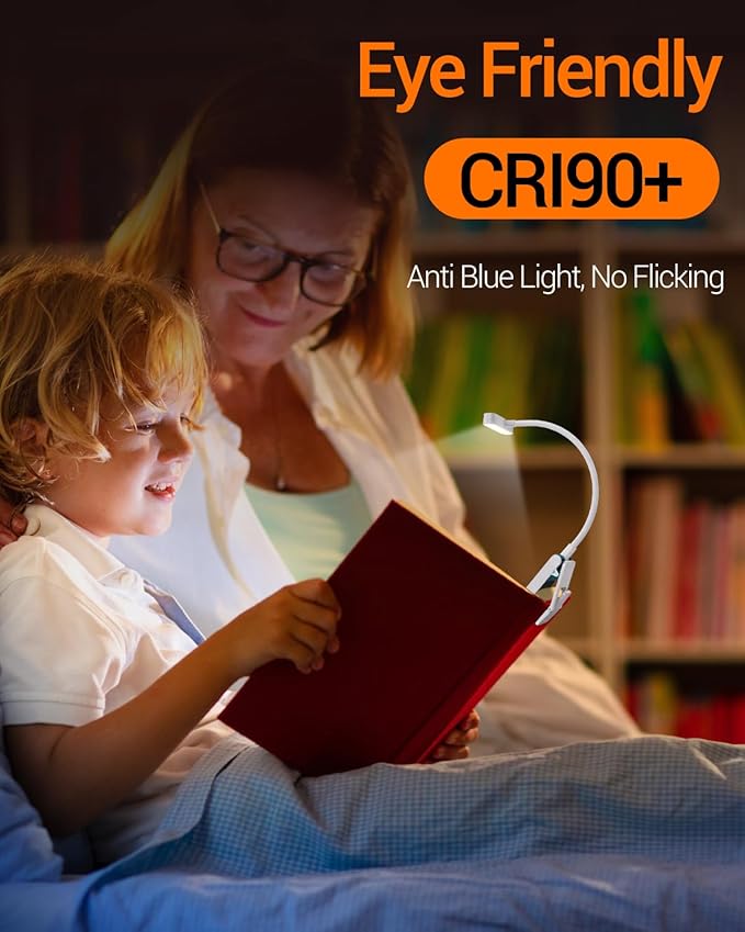 Rechargeable Book Light for Reading at Night in Bed, Clip On Reading Light with Power Display, 90 Hrs Runtime,Brightness Adjustable for Eye-Protection Reading Book Bookmark Lamp for Book Lovers