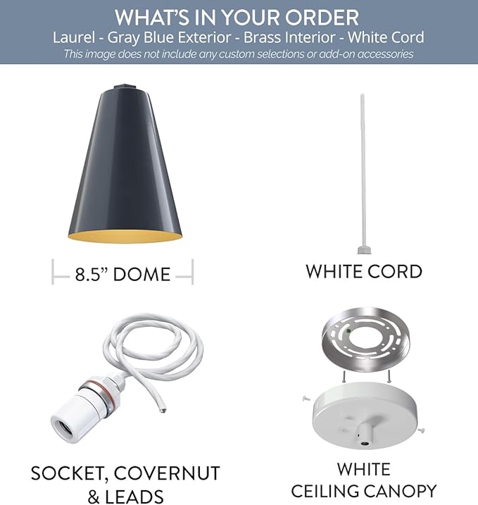 Steel Lighting Co. Laurel Pendant Light | Ceiling Mounted | 8.5 inch Cone Shade | Modern Contemporary Farmhouse Style Made in America | White Cord | Gray Blue Exterior/Brass Interior