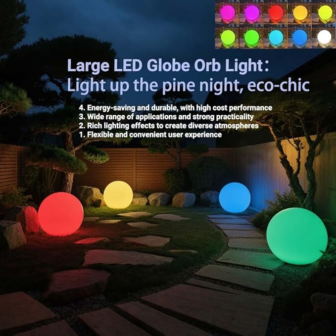 20-inch Large LED Globe Orb Light, Rechargeable LED Ball Light, Dimmable 16 RGB Colors Globe Floor Lamp w/Remote, Indoor/Outdoor Waterproof Glowing Orb Mood Lamp for Home Garden Patio Party