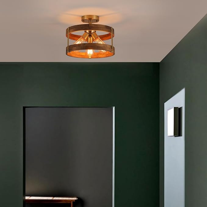 3-Light Rustic Farmhouse Wood Flush Mount Ceiling Light Fixture 12.59 inch Oak Wood and Metal Round Drum Semi Flush Mount Ceiling Light for Hallway Entry Bedroom Kitchen Hall Farmhouse, Antique Gold
