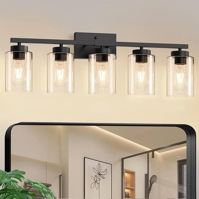 IZORRO Black Bathroom Vanity Light, 5-Light Vanity Lighting fixtures Over Mirror, Wall Lights with Clear Glass Shades, E26 Socket (Bulbs Not Included)