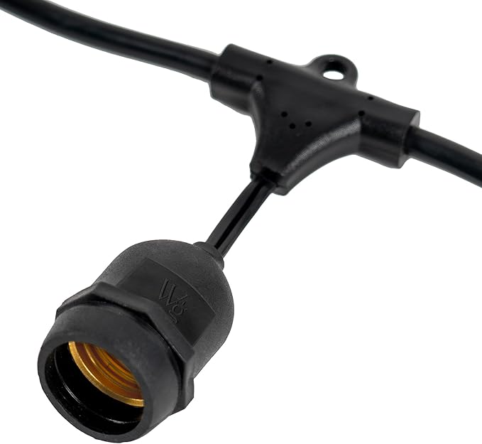 15-ft 10 Suspended Sockets E26 Commercial Patio Light Stringer, Heavy Duty Weatherproof SJTW Black Wire, 18" Spacing, 16 AWG, Cord Only