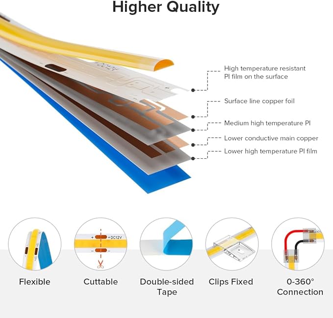 16.4FT COB LED Strip Lights Dimmable DC 12V 2700K Warm White 480LEDs COB Strip, Adhesive Flexible Cuttable Strip Lights for DIY Home Decor Shelf Cabinet (No Adapter or Controller)