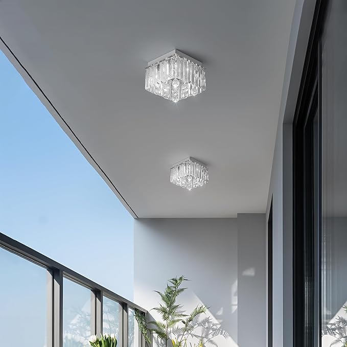 Crystal LED Ceiling Light Chandelier, Modern Semi Flush Mount Lighting Fixture Ceiling Lamp for Living Room, Dining Room, Bedroom, Kitchen Island, Entryway (7.87“ * 5.9” Square White Light)