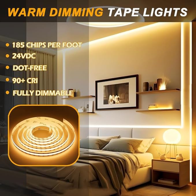 Warm Dim COB LED Tape Light – 3000K to 1800K Dim-to-Warm, Dot-Free Strip, UL Listed, Flexible LED Strip Light for Ambient & Accent Lighting 3.05w/ft 16FT Pack