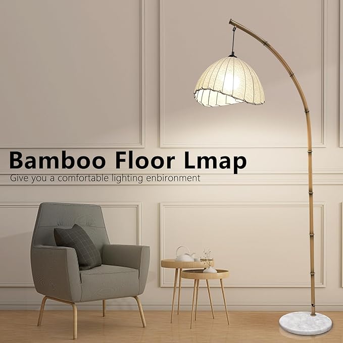Boho Arc Bamboo Floor Lamp,Vintage Bohemia Floor Lamps with 3 Color Temperatures,Floor Light for Living Room and Bedroom Lighting Decor,Marble Base