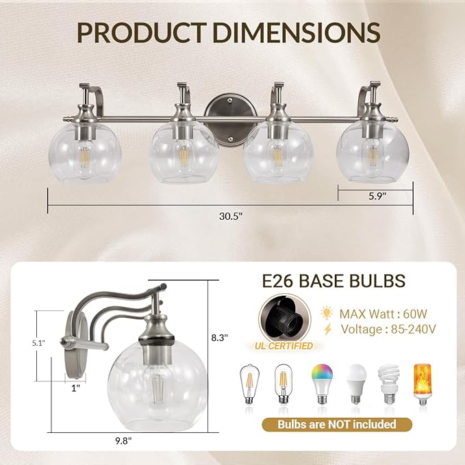 ANDY STAR Bathroom Light Fixtures, Brushed Nickel Vanity Light, 4 Light Bathroom Wall Lights, 30.5 Inch Modern Silver Wall Sconces, E26 Base Bulbs Required, UL Certified