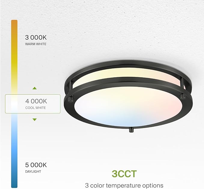 ASD LED 12" Round Flush Mount Lighting, Close to Ceiling Light Fixture | 3CCT, Dimmable, Energy Star, ETL Listed | 20W 1550LM 3000-5000K 120V | Low Profile Double Ring Lamp | Black