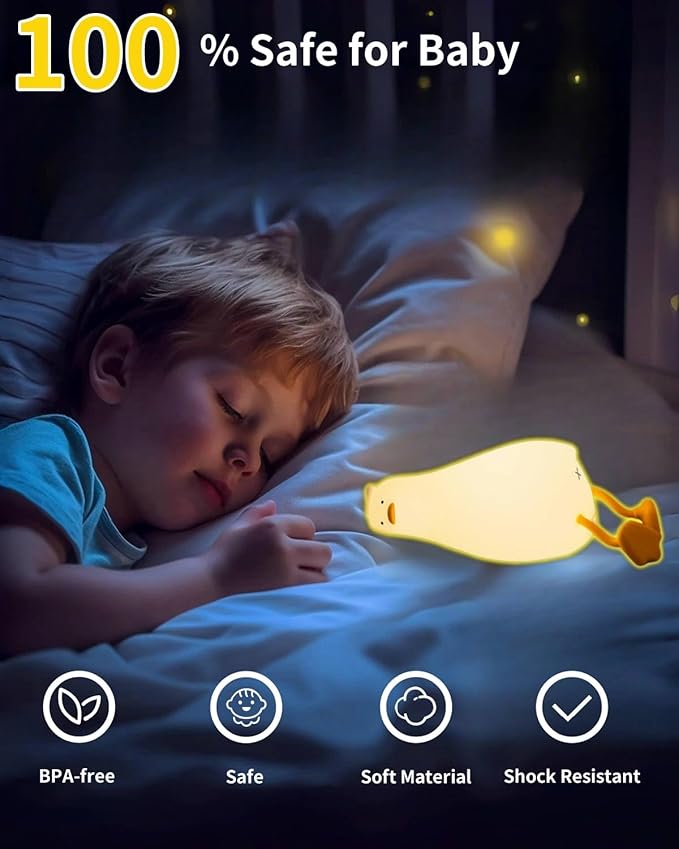 Lying Flat Duck Night Light, Squishy Duck Lamp with Tap Control, 30-Min Auto-Off Timer, Rechargeable Silicone Bedside Lamp for Kids Adults, [Valentines Gifts]