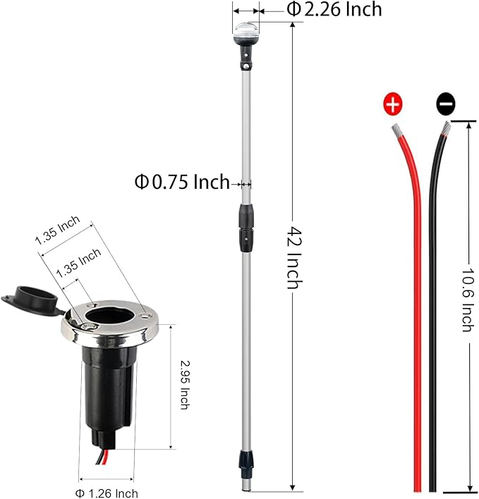 Folding Stern Light Boat Anchor Light LED Marine Navigation Lights Pole USCG 2 NM All Round White with Base 12 Volts 42 Inches
