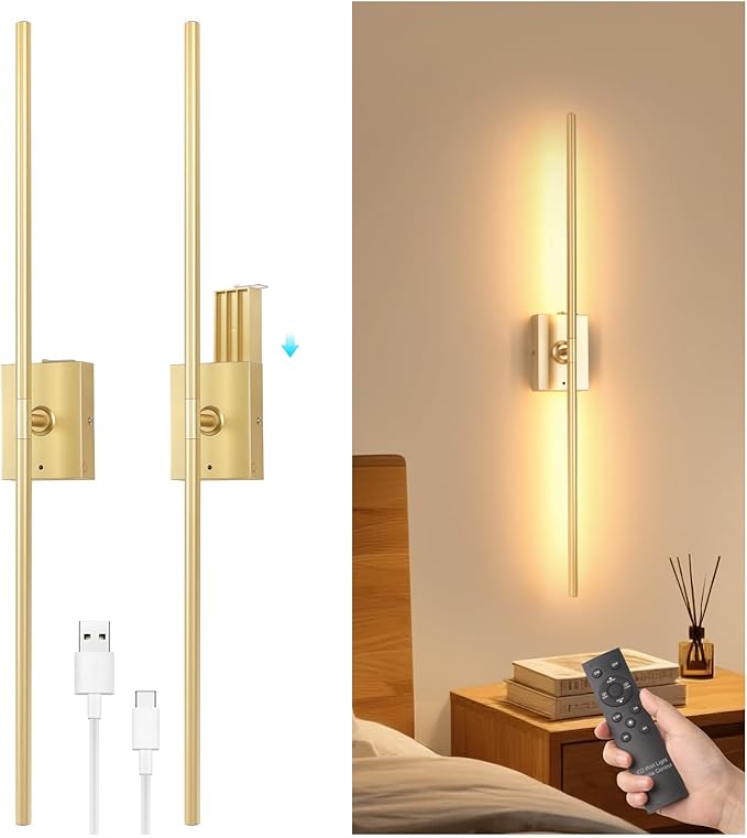 Battery Operated Wall Sconce Set of 2, 10000mAh Rechargeable Wall Sconces with Detachable Battery, Indoor 350°Rotate Wall Lights for Bedroom Living Room, Gold, 31.5 Inch