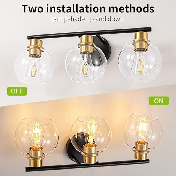 3-Light Black and Gold Bathroom Vanity Light Fixture with Glass Shades, Industrial Wall Sconce