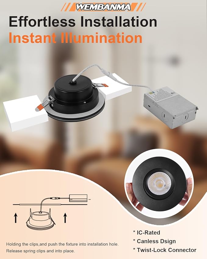 4 Inch Led Recessed Lights - with Night Light, 5CCT+2000K, LED Recessed Lighting, Canless Recessed Lighting 4 Inch, 12+3W 1100LM, Dimmable, ETL, with Junction Box, Black, 6 Pack