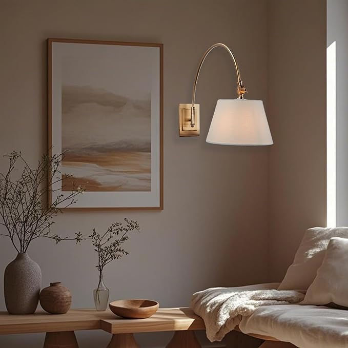 Antique Brass Swing Arm Wall Lamp, Classic Adjustable Reading Light with Fabric Shade for Bedroom Living Room