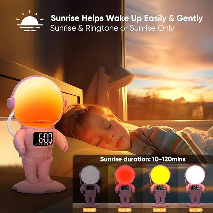 Astronaut Sunrise Alarm Clock for Kids, White Noise Sound Machine with 30 Soothing Sounds, 22 Dimmable Nightlights, Bluetooth Speaker, Dual Digital Alarm Clocks, Wake Up Light for Bedroom, Adults