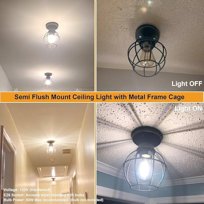 GRUENLICH Semi Flush Mount Ceiling Light Fixture for Outdoor and Indoor, E26 Medium Base 60W Max, Metal Housing and Metal Cage, Bulb not Included, 1-Pack, Oil Rubbed Bronze Finish