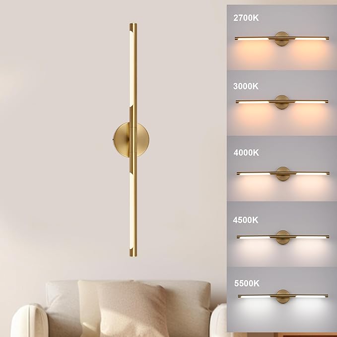 BONLICHT 30 inch LED Vanity Light Brushed Brass 5 Color Temperature Dimmable LED Light Bar Gold Bathroom Vanity Light Over Mirror,18W 350°Rotatable Bathroom Light Fixture Modern Wall Lighting Fixture