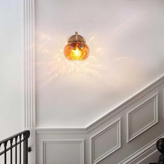Modern Iridescent Glass Wall Sconce Gold Brass Wall Light Set of 2 Hammered Amber Glass Vanity Light for Bedroom Hallway Living Room Stairwell Bathroom Over Mirror