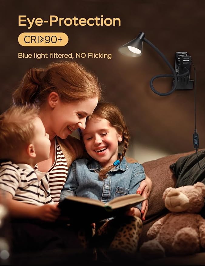 Clip on Light USB Reading Light 3 Color Modes 10 Brightness Levels Eye Care Clamp Light Flexible Gooseneck Dimmable Reading Lamp Clip on Lamp for Bed Headboard Desk Bedside Dorm (Black)