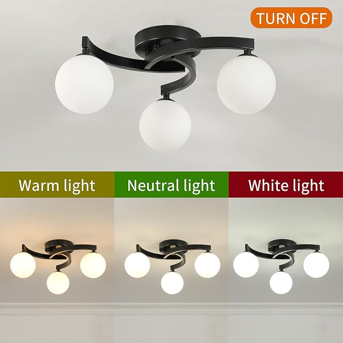 Modern Mid Century Black Sputnik Semi Flush Mount Ceiling Light Fixture,3 Light Metal Milk Glass Globe Chandelier for Dining Room Bedroom Kitchen Hallway Foyer Entryway Lighting