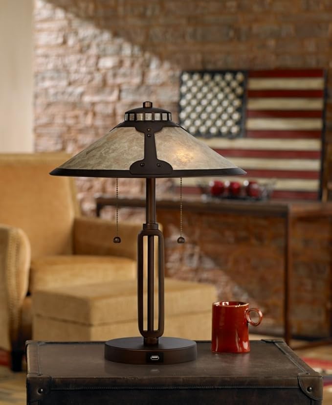 Franklin Iron Works Samuel 20" High Industrial Mission Hotel Style Desk Table Lamp with USB Ports A+C Charging Rubbed Bronze Natural Mica Shade for Living Room Bedroom House Bedside Nightstand Home