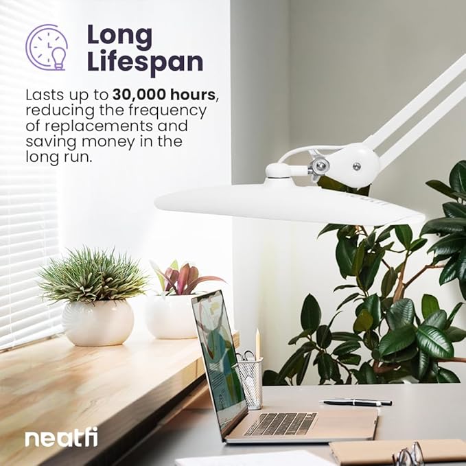 Neatfi XL 2,200 Lumens LED Desk Lamp with Clamp, 24W Bright Architect Task Lamp, 20 Inches Dimmable Computer Light, Adjustable Desk Light for Home, Office, Crafts, Nails & Hobbies (Non-CCT, White)
