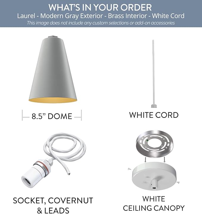 Steel Lighting Co. Laurel Pendant Light | Ceiling Mounted | 8.5 inch Cone Shade | Modern Contemporary Farmhouse Style Made in America | White Cord | Modern Gray Exterior/Brass Interior