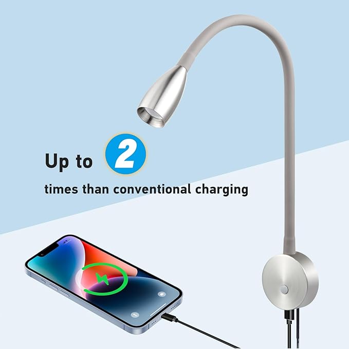 acegoo Bedside LED Reading Light Flexible Wall Lamp with USB Charger, Headboard Wall Surface Mount Dimmable Book Light, with Plug-in Power Adapter (Nickel Finish)