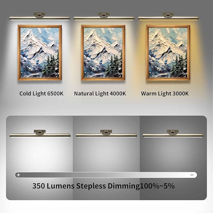 24.4" Wireless Picture Lights, Rechargeable Battery Art Display Light with Remote Control, Dimmable/Timer Off Dartboard Light (Nickel-2Pack)