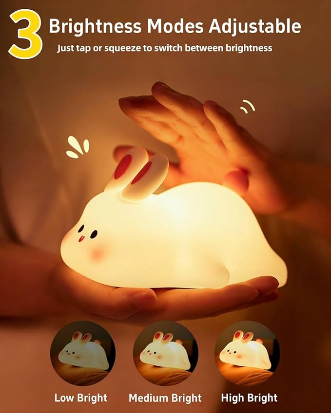 Big Face Rabbit Silicone Night Light, Squishy Bunny Lamp with Touch Control, 30-Min Timer, Rechargeable Kids Night Light for Bedroom Nursery, [Valentines Gifts]