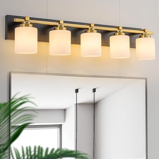 5 Light Modern Bathroom Light Fixtures Over Mirror, Black Gold Vanity Lights for Bathroom Wall Sconces with Milky White Glass Shades, E26 Socket (Bulbs Not Included)
