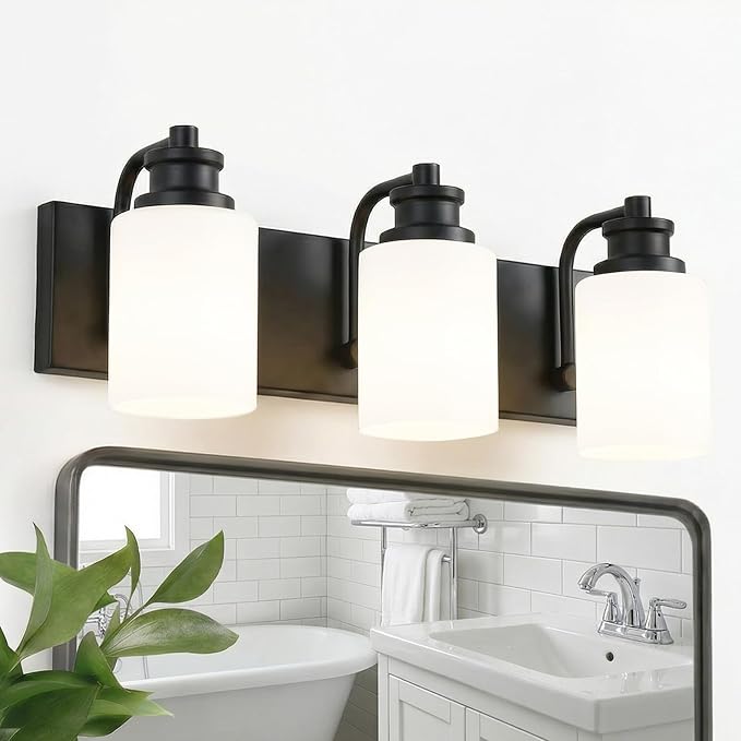 VINLUZ 3 Light Black Vanity Lighting Fixture for Bathroom Decor Classic Industrial Wall Light with Milky White Glass Shades for Porch Workshop