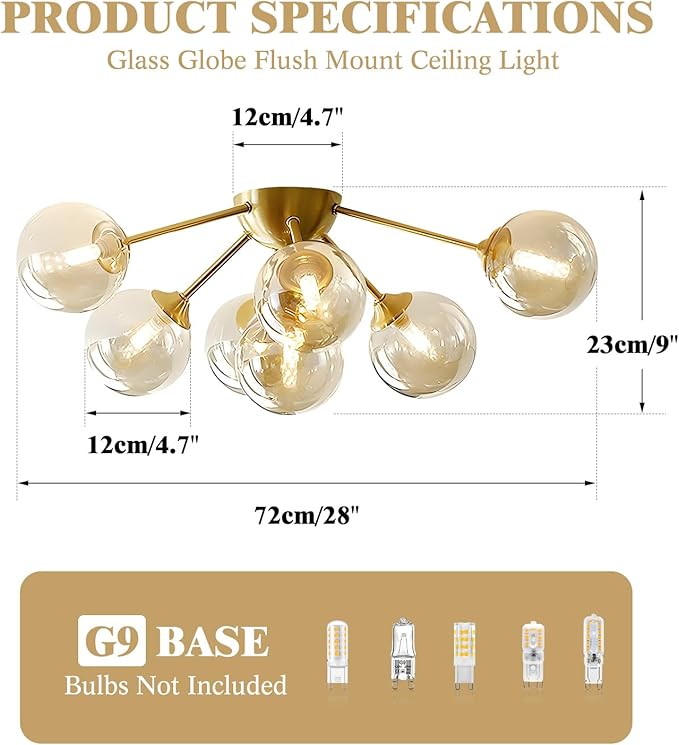 KCO Lighting 7-Lights Mid Century Modern Flush Mount Ceiling Light Overhead Amber Glass Globe Sputnik Chandelier Ceiling Light Fixture Brass Gold Bedroom Living Room Ceiling Lighting