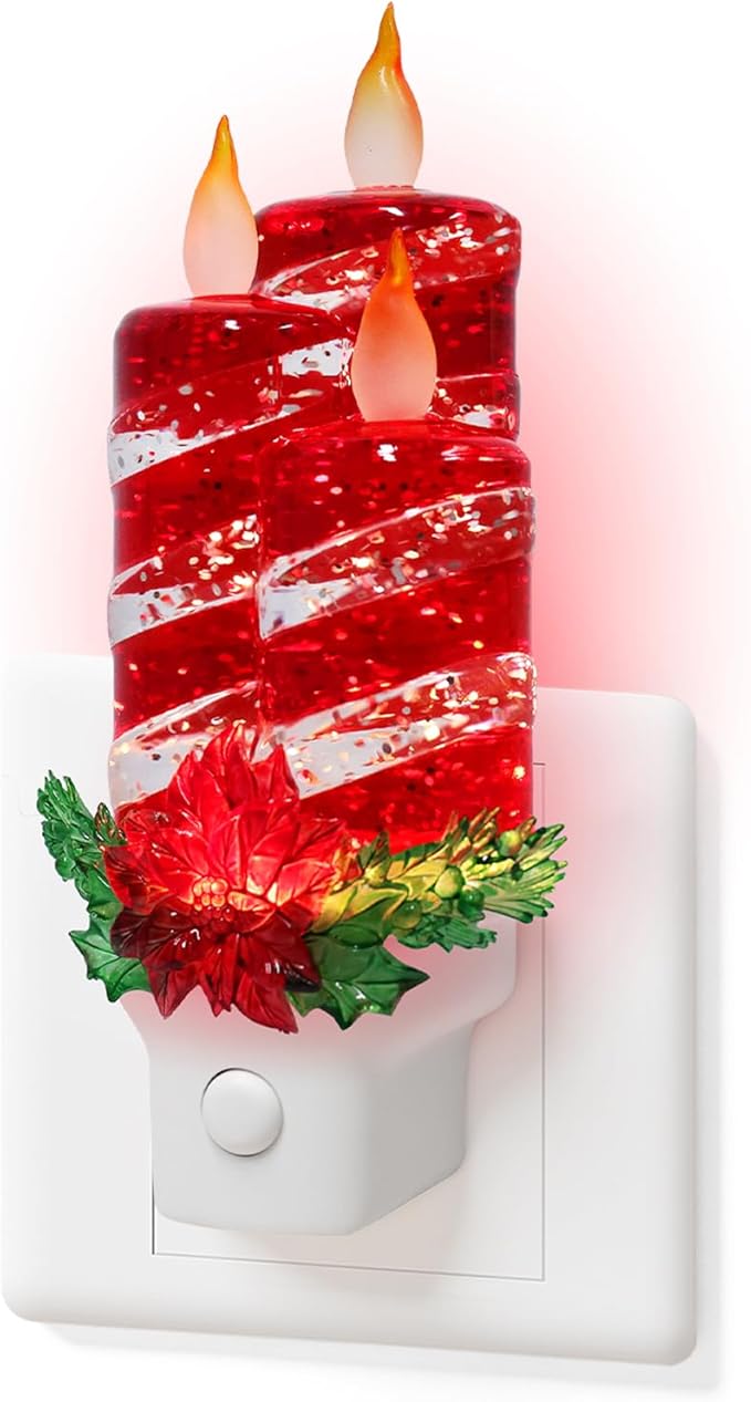 Christmas Candle Night Light Plug into Wall Glitter Water Nightlight with USB/Outlet Options, Christmas Decorative Nightlight for Bedroom Kitchen Nursery Hallway Holiday Decorations Gifts (Red Candle)