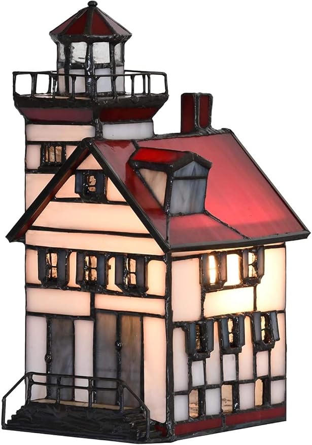 Bieye L10778 Lorain Lighthouse Tiffany Style Stained Glass Accent Table Lamp Night Light for Home Decoration (4x5x9, Red)